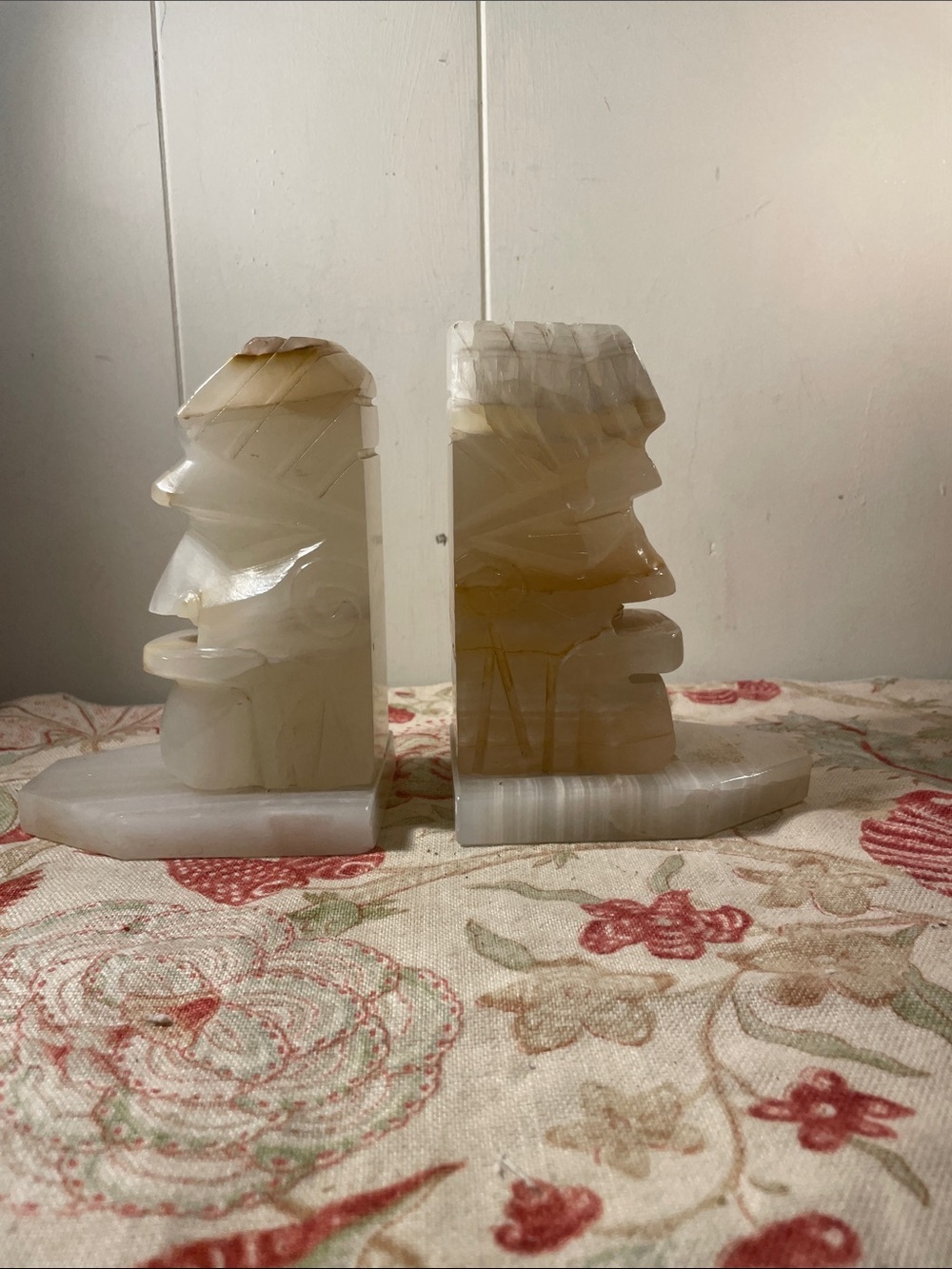 Carved Agate Stone Bookends - Cream White Pair Heavy